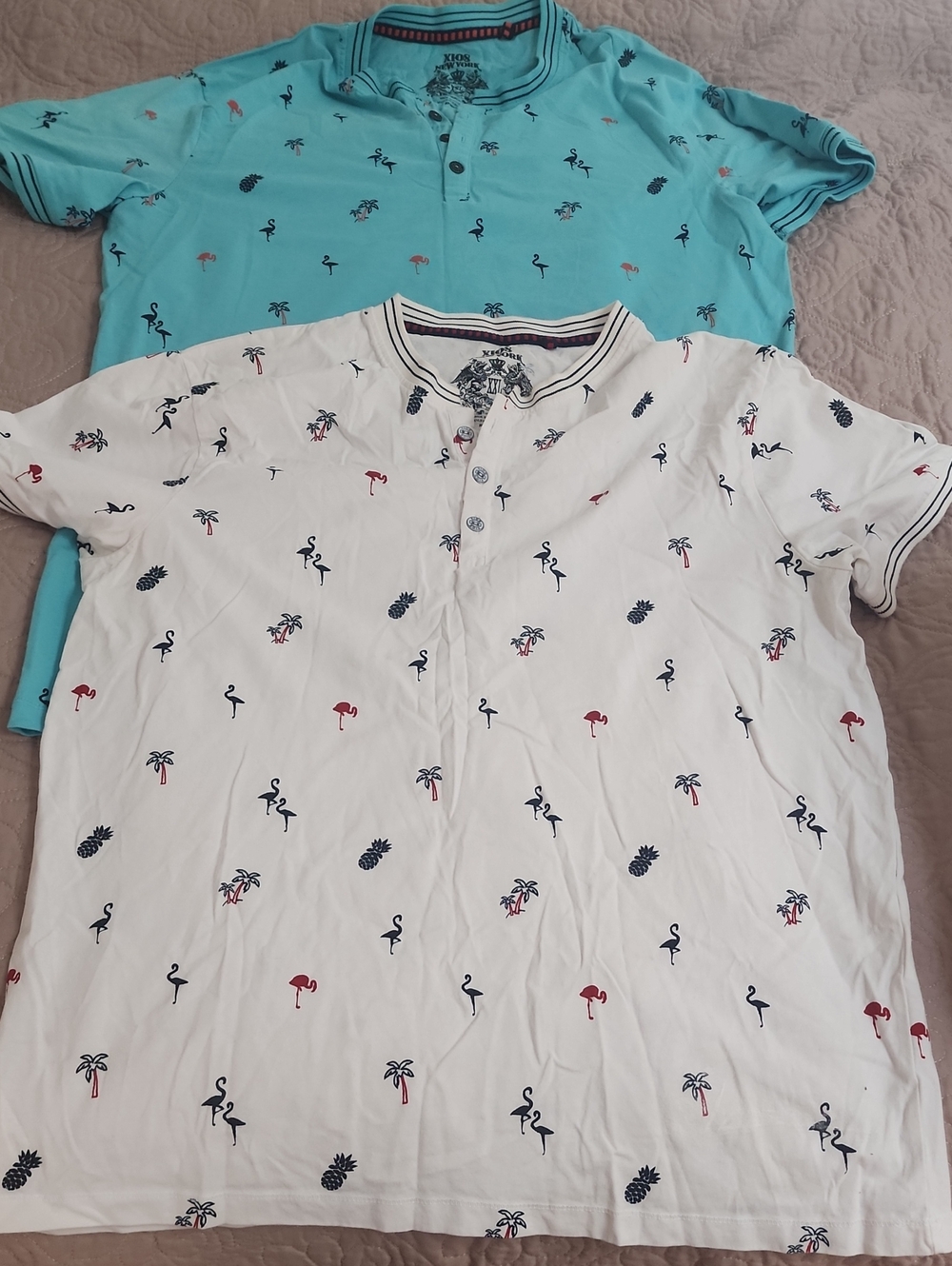2 Casual Henley Polo with Tropical Motif - White & Blue
